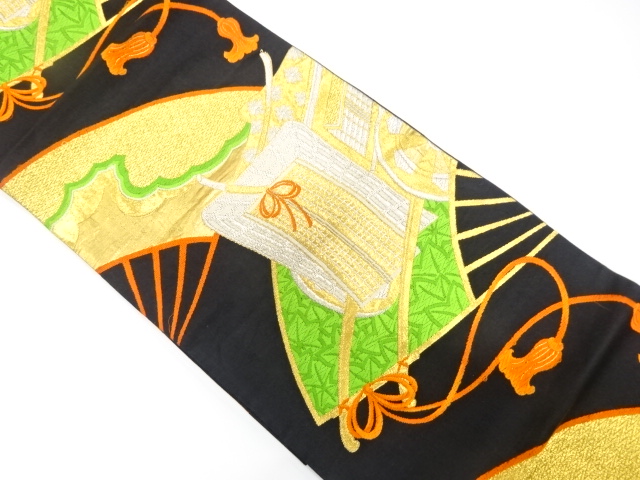 JAPANESE KIMONO / ANTIQUE FUKURO OBI / SILK / WOVEN FOLDING FAN PATTERN